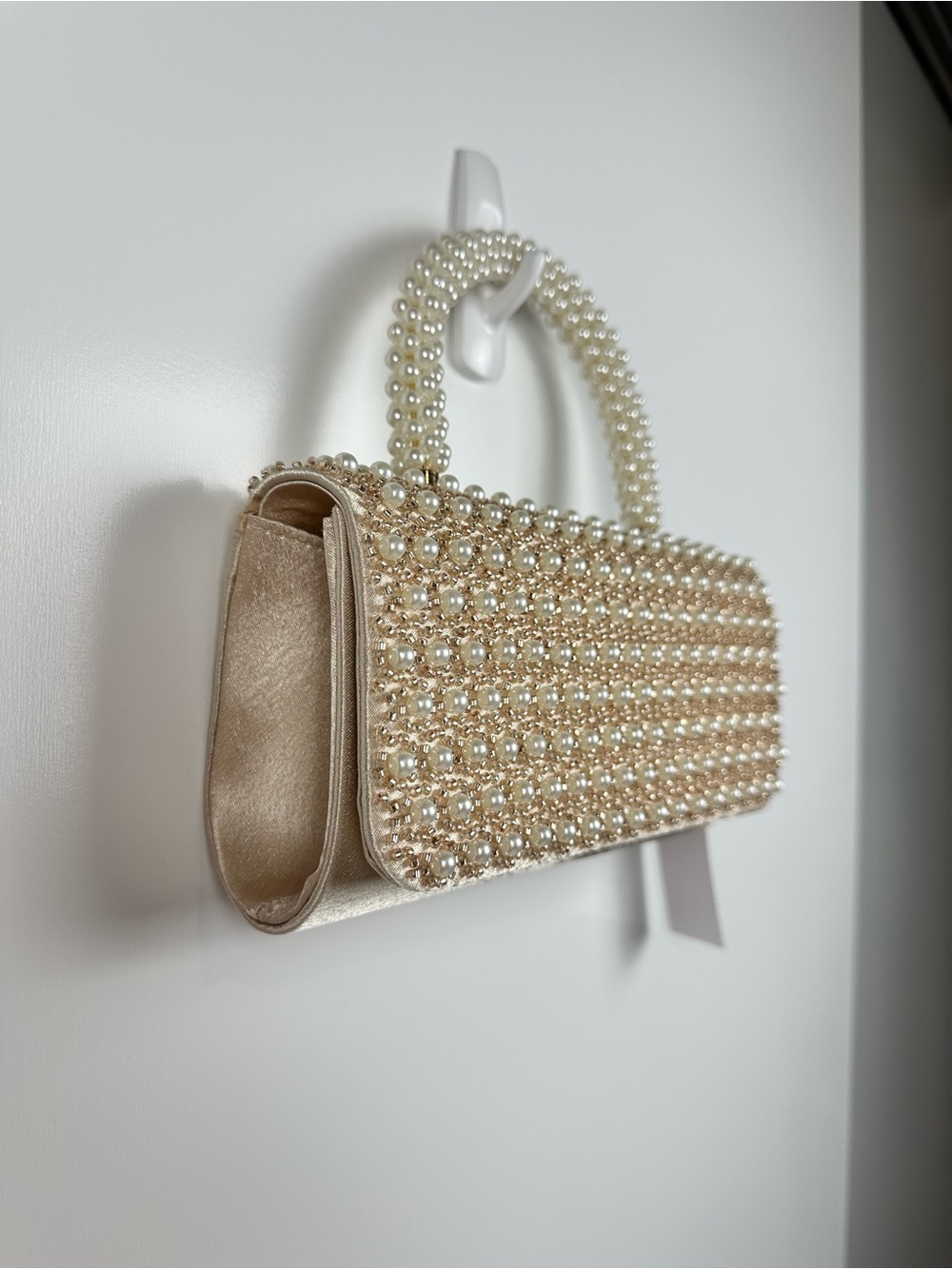 Alessia Elegant Pearl Beaded Evening Bag Champagne Gold Satin Bridal Party Xbody